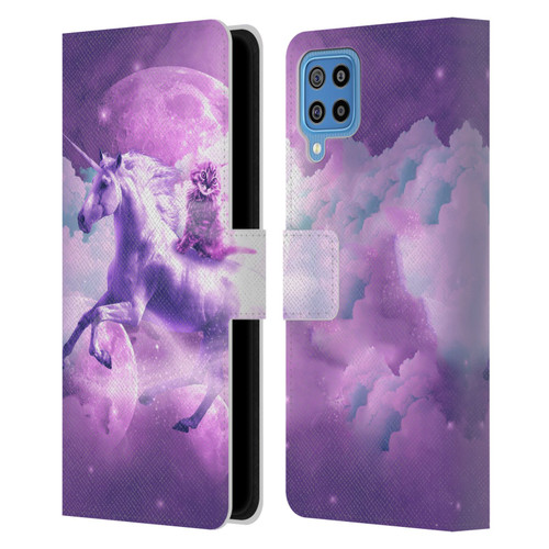 Random Galaxy Space Unicorn Ride Purple Galaxy Cat Leather Book Wallet Case Cover For Samsung Galaxy F22 (2021)