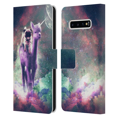 Random Galaxy Space Unicorn Ride Pug Riding Llama Leather Book Wallet Case Cover For Samsung Galaxy S10+ / S10 Plus