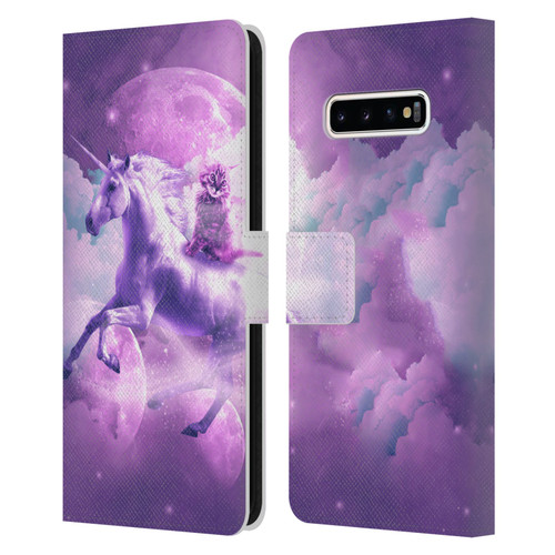 Random Galaxy Space Unicorn Ride Purple Galaxy Cat Leather Book Wallet Case Cover For Samsung Galaxy S10+ / S10 Plus