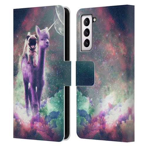 Random Galaxy Space Unicorn Ride Pug Riding Llama Leather Book Wallet Case Cover For Samsung Galaxy S21 5G