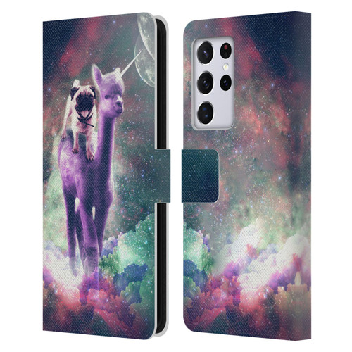 Random Galaxy Space Unicorn Ride Pug Riding Llama Leather Book Wallet Case Cover For Samsung Galaxy S21 Ultra 5G