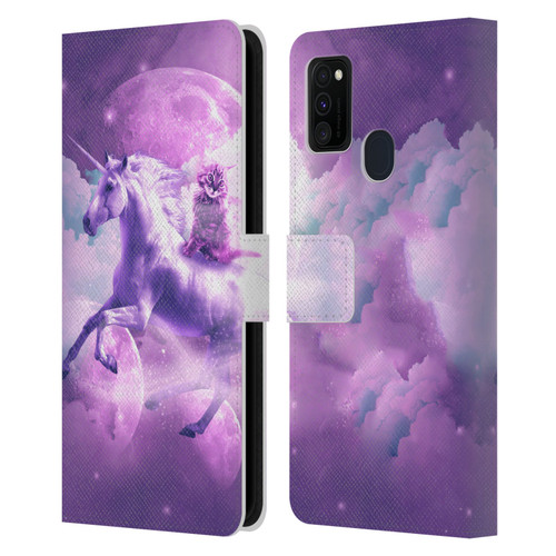 Random Galaxy Space Unicorn Ride Purple Galaxy Cat Leather Book Wallet Case Cover For Samsung Galaxy M30s (2019)/M21 (2020)
