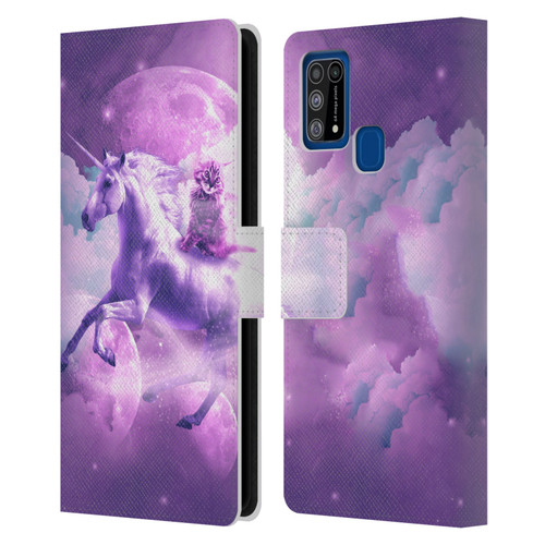 Random Galaxy Space Unicorn Ride Purple Galaxy Cat Leather Book Wallet Case Cover For Samsung Galaxy M31 (2020)