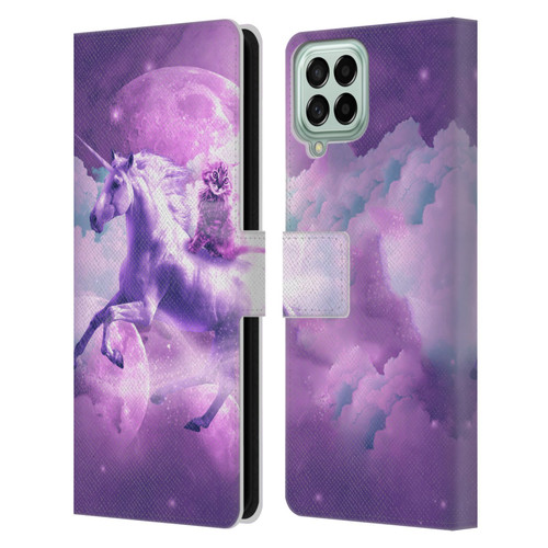 Random Galaxy Space Unicorn Ride Purple Galaxy Cat Leather Book Wallet Case Cover For Samsung Galaxy M33 (2022)