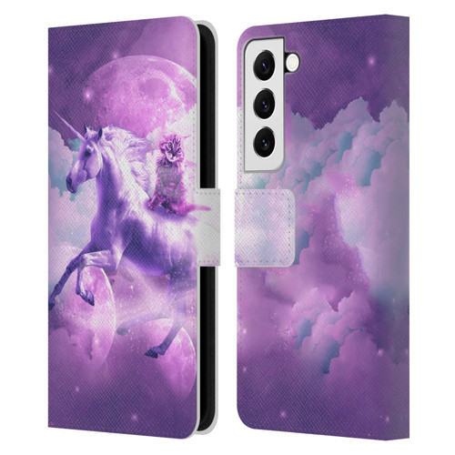 Random Galaxy Space Unicorn Ride Purple Galaxy Cat Leather Book Wallet Case Cover For Samsung Galaxy S22 5G