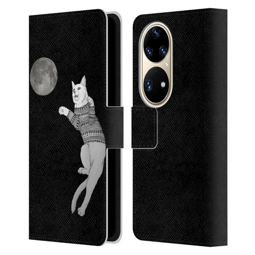 Barruf Animals Cat-ch The Moon Leather Book Wallet Case Cover For Huawei P50 Pro