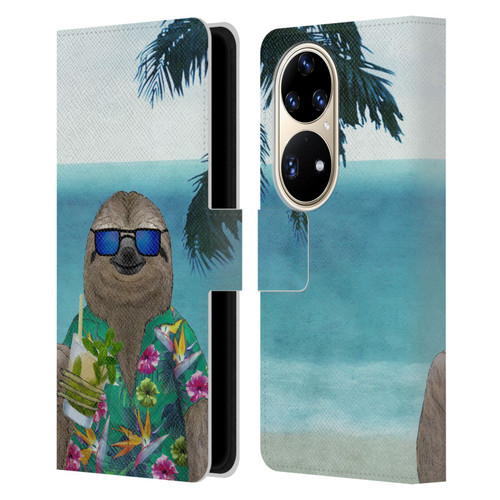 Barruf Animals Sloth In Summer Leather Book Wallet Case Cover For Huawei P50 Pro