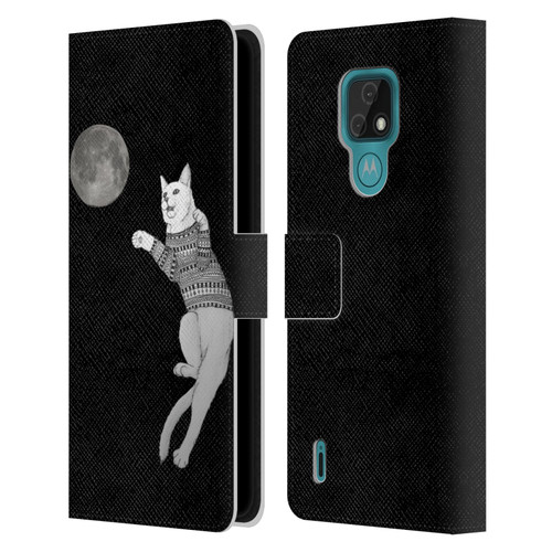 Barruf Animals Cat-ch The Moon Leather Book Wallet Case Cover For Motorola Moto E7