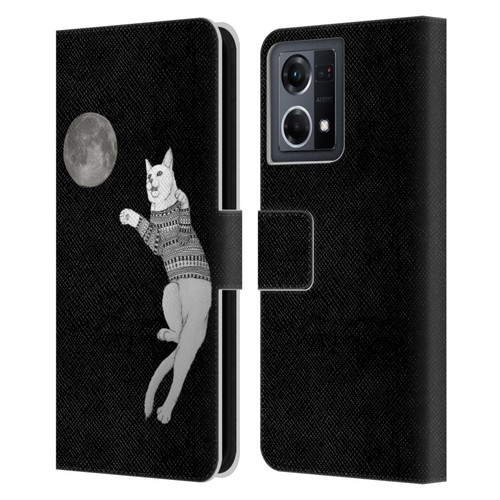 Barruf Animals Cat-ch The Moon Leather Book Wallet Case Cover For OPPO Reno8 4G