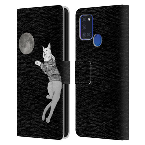 Barruf Animals Cat-ch The Moon Leather Book Wallet Case Cover For Samsung Galaxy A21s (2020)