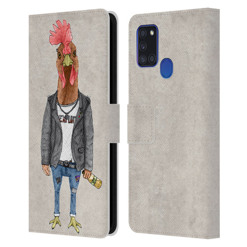 Barruf Animals Punk Rooster Leather Book Wallet Case Cover For Samsung Galaxy A21s (2020)