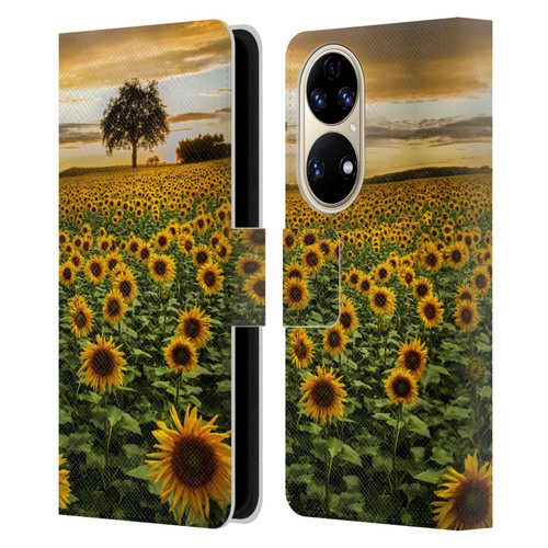 Celebrate Life Gallery Florals Big Sunflower Field Leather Book Wallet Case Cover For Huawei P50