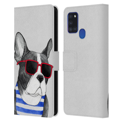 Barruf Dogs Frenchie Summer Style Leather Book Wallet Case Cover For Samsung Galaxy A21s (2020)