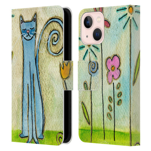 Wyanne Cat Blue Cat In The Flower Garden Leather Book Wallet Case Cover For Apple iPhone 13 Mini