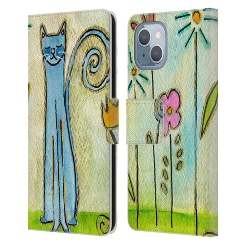 Wyanne Cat Blue Cat In The Flower Garden Leather Book Wallet Case Cover For Apple iPhone 14