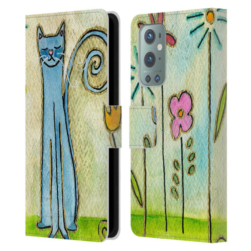 Wyanne Cat Blue Cat In The Flower Garden Leather Book Wallet Case Cover For OnePlus 9