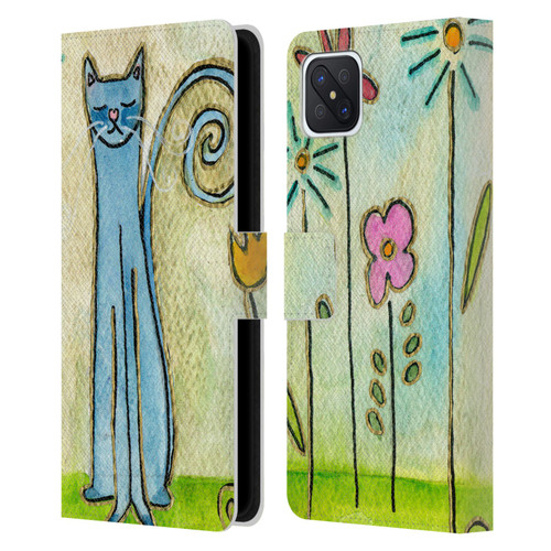 Wyanne Cat Blue Cat In The Flower Garden Leather Book Wallet Case Cover For OPPO Reno4 Z 5G