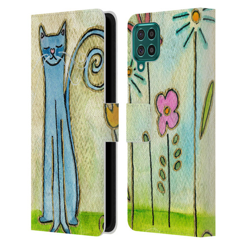 Wyanne Cat Blue Cat In The Flower Garden Leather Book Wallet Case Cover For Samsung Galaxy F62 (2021)