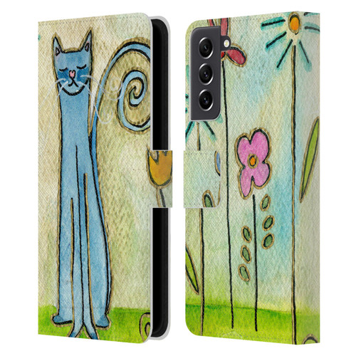 Wyanne Cat Blue Cat In The Flower Garden Leather Book Wallet Case Cover For Samsung Galaxy S21 FE 5G