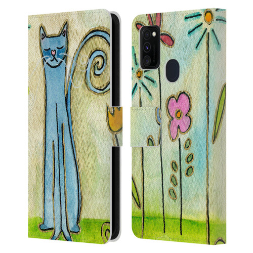 Wyanne Cat Blue Cat In The Flower Garden Leather Book Wallet Case Cover For Samsung Galaxy M30s (2019)/M21 (2020)