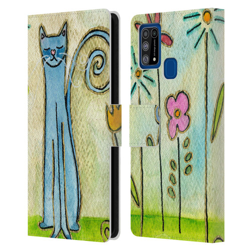 Wyanne Cat Blue Cat In The Flower Garden Leather Book Wallet Case Cover For Samsung Galaxy M31 (2020)