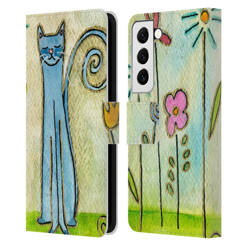 Wyanne Cat Blue Cat In The Flower Garden Leather Book Wallet Case Cover For Samsung Galaxy S22 5G