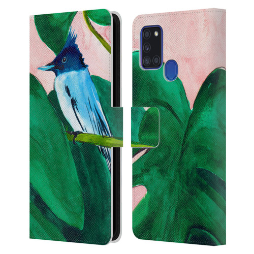 Mai Autumn Birds Monstera Plant Leather Book Wallet Case Cover For Samsung Galaxy A21s (2020)