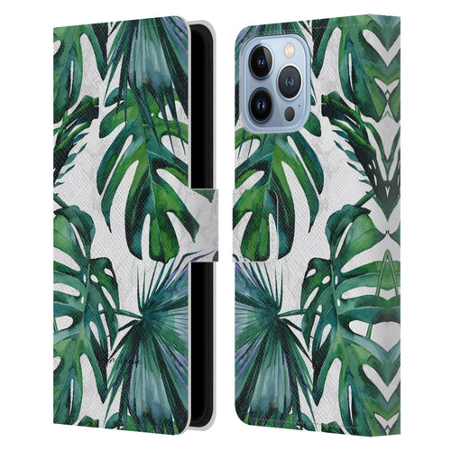 Nature Magick Tropical Palm Leaves On Marble Green Tropics Leather Book Wallet Case Cover For Apple iPhone 13 Pro Max