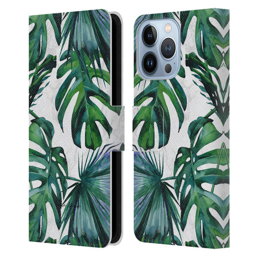 Nature Magick Tropical Palm Leaves On Marble Green Tropics Leather Book Wallet Case Cover For Apple iPhone 13 Pro