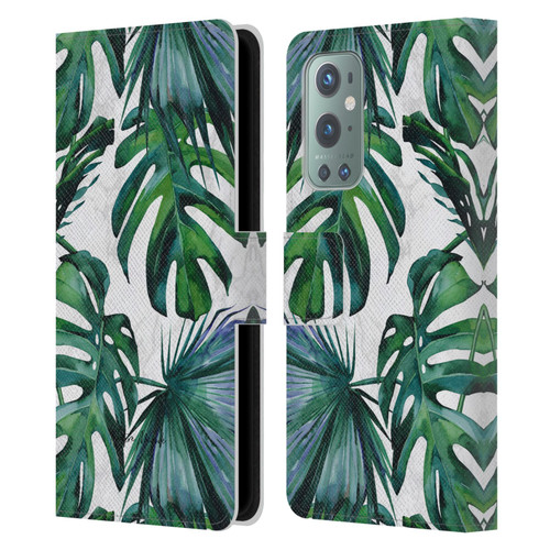 Nature Magick Tropical Palm Leaves On Marble Green Tropics Leather Book Wallet Case Cover For OnePlus 9
