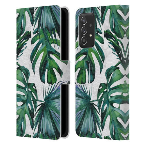Nature Magick Tropical Palm Leaves On Marble Green Tropics Leather Book Wallet Case Cover For Samsung Galaxy A52 / A52s / 5G (2021)