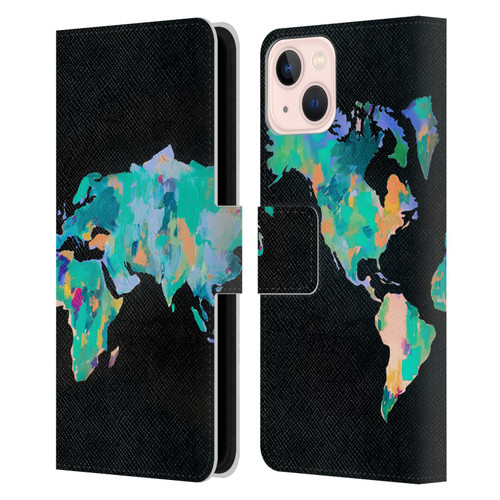 Mai Autumn Paintings World Map Leather Book Wallet Case Cover For Apple iPhone 13