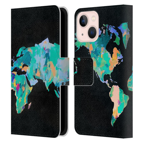 Mai Autumn Paintings World Map Leather Book Wallet Case Cover For Apple iPhone 13 Mini