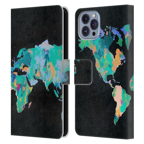Mai Autumn Paintings World Map Leather Book Wallet Case Cover For Apple iPhone 14