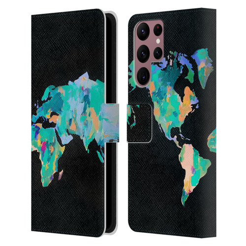 Mai Autumn Paintings World Map Leather Book Wallet Case Cover For Samsung Galaxy S22 Ultra 5G