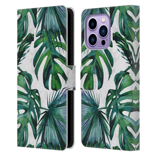 Nature Magick Tropical Palm Leaves On Marble Green Tropics Leather Book Wallet Case Cover For Apple iPhone 14 Pro Max