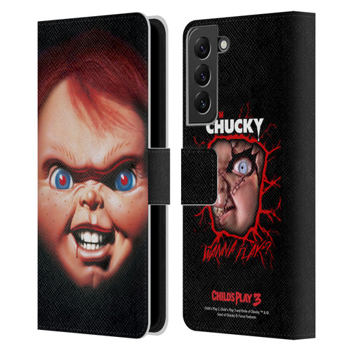 Child's Play III Key Art Doll Illustration Leather Book Wallet Case Cover For Samsung Galaxy S22+ 5G