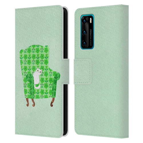 Planet Cat Arm Chair Spring Green Chair Cat Leather Book Wallet Case Cover For Huawei P40 5G