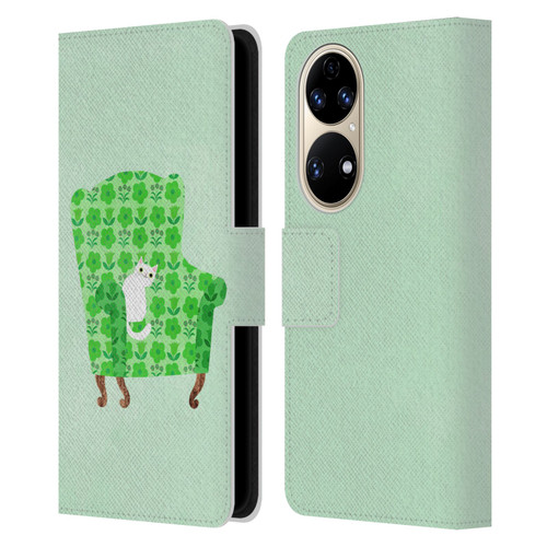 Planet Cat Arm Chair Spring Green Chair Cat Leather Book Wallet Case Cover For Huawei P50