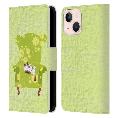 Planet Cat Arm Chair Lime Chair Cat Leather Book Wallet Case Cover For Apple iPhone 13 Mini