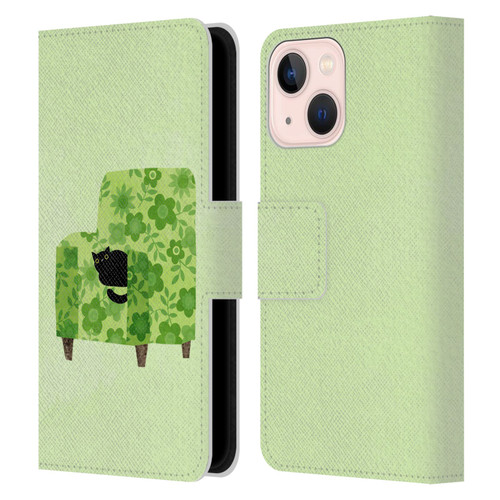Planet Cat Arm Chair Pear Green Chair Cat Leather Book Wallet Case Cover For Apple iPhone 13 Mini