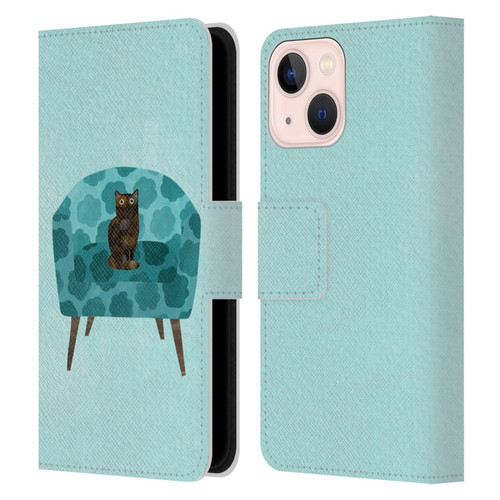 Planet Cat Arm Chair Teal Chair Cat Leather Book Wallet Case Cover For Apple iPhone 13 Mini