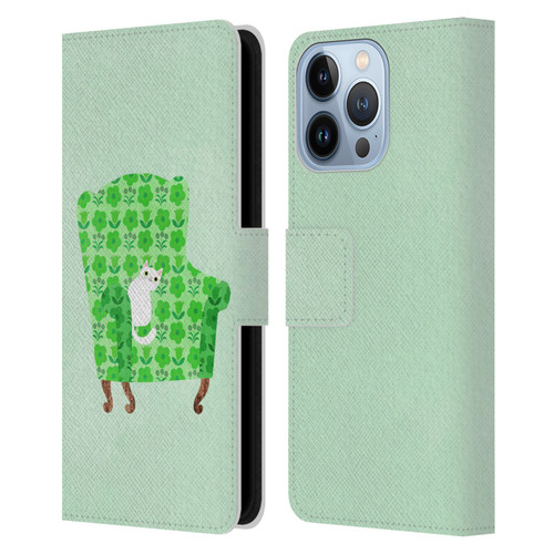 Planet Cat Arm Chair Spring Green Chair Cat Leather Book Wallet Case Cover For Apple iPhone 13 Pro