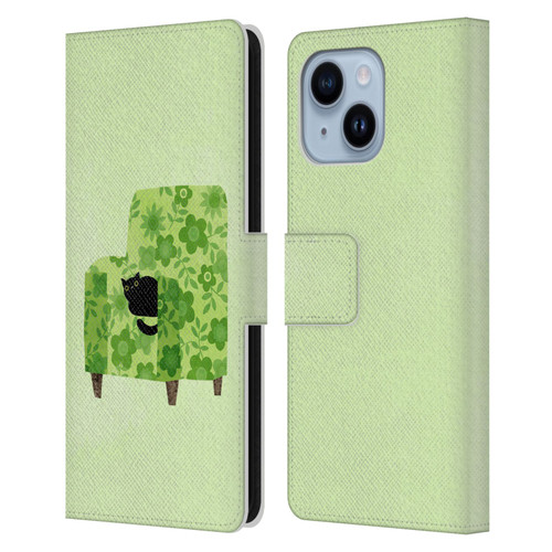 Planet Cat Arm Chair Pear Green Chair Cat Leather Book Wallet Case Cover For Apple iPhone 14 Plus