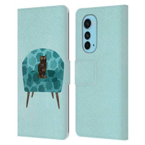 Planet Cat Arm Chair Teal Chair Cat Leather Book Wallet Case Cover For Motorola Edge (2022)