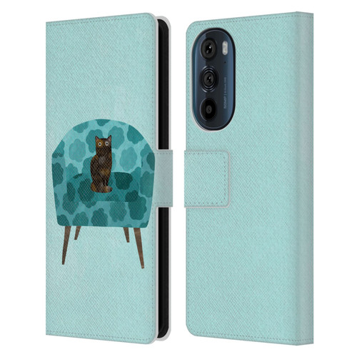 Planet Cat Arm Chair Teal Chair Cat Leather Book Wallet Case Cover For Motorola Edge 30