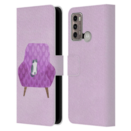 Planet Cat Arm Chair Lilac Chair Cat Leather Book Wallet Case Cover For Motorola Moto G60 / Moto G40 Fusion