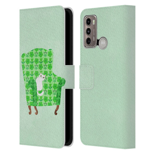Planet Cat Arm Chair Spring Green Chair Cat Leather Book Wallet Case Cover For Motorola Moto G60 / Moto G40 Fusion