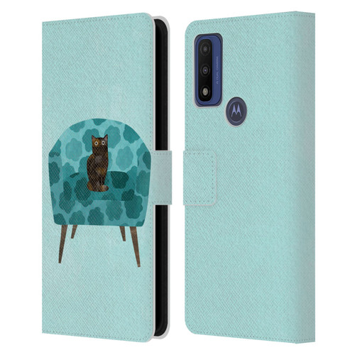 Planet Cat Arm Chair Teal Chair Cat Leather Book Wallet Case Cover For Motorola G Pure