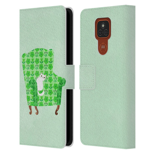 Planet Cat Arm Chair Spring Green Chair Cat Leather Book Wallet Case Cover For Motorola Moto E7 Plus